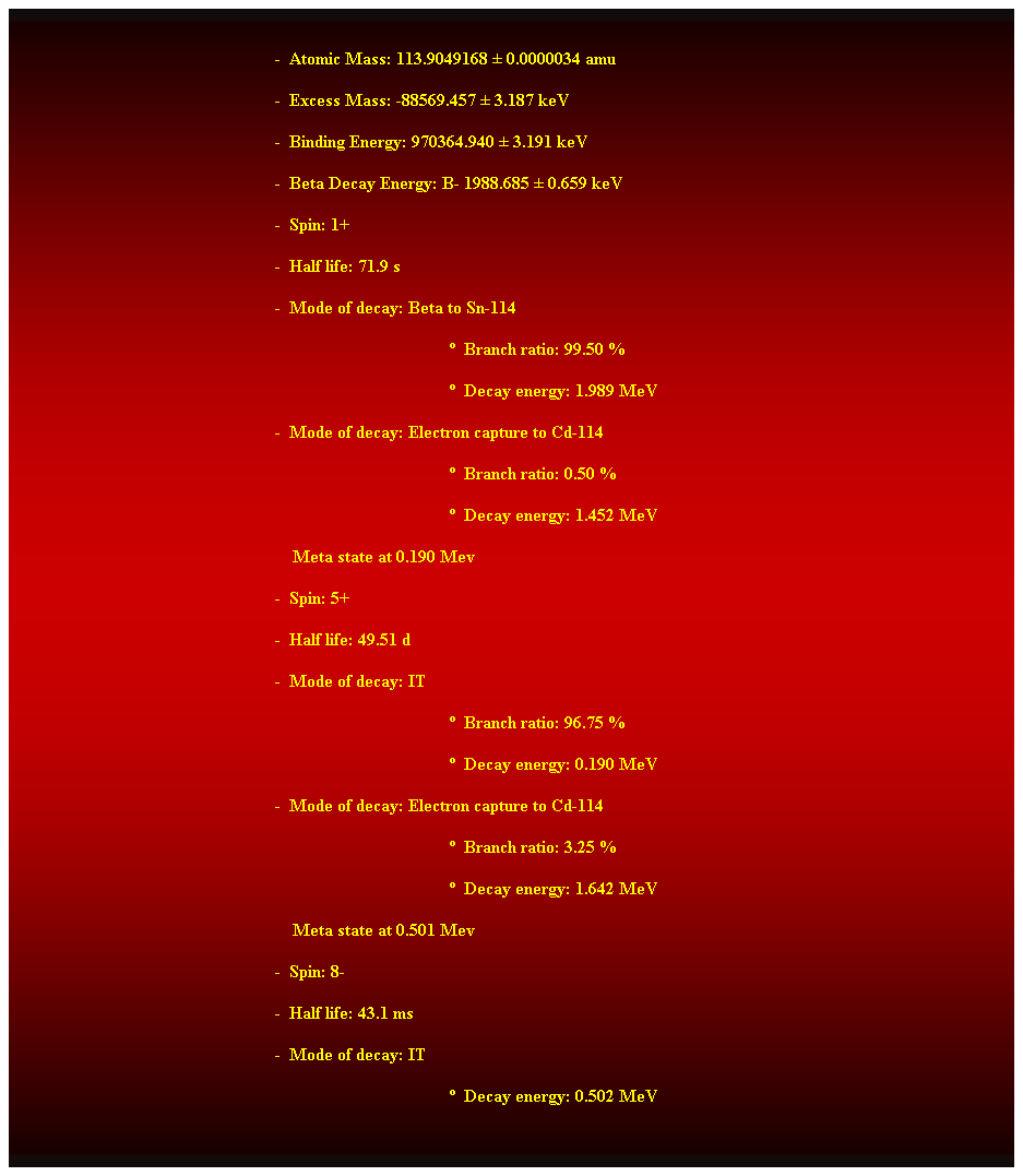 Cuadro de texto:  
-  Atomic Mass: 113.9049168  0.0000034 amu 
-  Excess Mass: -88569.457  3.187 keV 
-  Binding Energy: 970364.940  3.191 keV 
-  Beta Decay Energy: B- 1988.685  0.659 keV 
-  Spin: 1+ 
-  Half life: 71.9 s 
-  Mode of decay: Beta to Sn-114 
  Branch ratio: 99.50 % 
  Decay energy: 1.989 MeV 
-  Mode of decay: Electron capture to Cd-114 
  Branch ratio: 0.50 % 
  Decay energy: 1.452 MeV 
    Meta state at 0.190 Mev 
-  Spin: 5+ 
-  Half life: 49.51 d 
-  Mode of decay: IT 
  Branch ratio: 96.75 % 
  Decay energy: 0.190 MeV 
-  Mode of decay: Electron capture to Cd-114 
  Branch ratio: 3.25 % 
  Decay energy: 1.642 MeV 
    Meta state at 0.501 Mev 
-  Spin: 8- 
-  Half life: 43.1 ms 
-  Mode of decay: IT 
  Decay energy: 0.502 MeV
