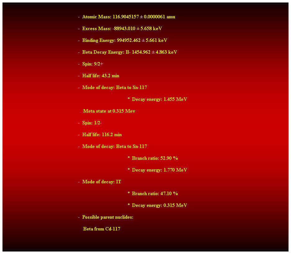 Cuadro de texto:  
-  Atomic Mass: 116.9045157  0.0000061 amu 
-  Excess Mass: -88943.010  5.658 keV 
-  Binding Energy: 994952.462  5.661 keV 
-  Beta Decay Energy: B- 1454.962  4.863 keV 
-  Spin: 9/2+ 
-  Half life: 43.2 min 
-  Mode of decay: Beta to Sn-117 
  Decay energy: 1.455 MeV 
    Meta state at 0.315 Mev 
-  Spin: 1/2- 
-  Half life: 116.2 min 
-  Mode of decay: Beta to Sn-117 
  Branch ratio: 52.90 % 
  Decay energy: 1.770 MeV 
-  Mode of decay: IT 
  Branch ratio: 47.10 % 
  Decay energy: 0.315 MeV 
-  Possible parent nuclides: 
    Beta from Cd-117 
