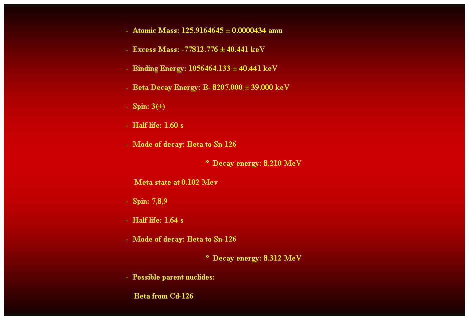 Cuadro de texto:  
-  Atomic Mass: 125.9164645  0.0000434 amu 
-  Excess Mass: -77812.776  40.441 keV 
-  Binding Energy: 1056464.133  40.441 keV 
-  Beta Decay Energy: B- 8207.000  39.000 keV 
-  Spin: 3(+) 
-  Half life: 1.60 s 
-  Mode of decay: Beta to Sn-126 
  Decay energy: 8.210 MeV 
    Meta state at 0.102 Mev 
-  Spin: 7,8,9 
-  Half life: 1.64 s 
-  Mode of decay: Beta to Sn-126 
  Decay energy: 8.312 MeV 
-  Possible parent nuclides: 
    Beta from Cd-126 
