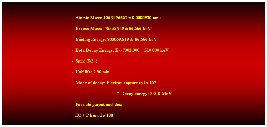 Cuadro de texto:  
-  Atomic Mass: 106.9156667  0.0000930 amu 
-  Excess Mass: -78555.949  86.666 keV 
-  Binding Energy: 903069.819   86.666 keV 
-  Beta Decay Energy: B- -7902.000  310.000 keV 
-  Spin: (5/2+) 
-  Half life: 2.90 min 
-  Mode of decay: Electron capture to In-107 
  Decay energy: 5.010 MeV 
-  Possible parent nuclides: 
   EC + P from Te-108 
