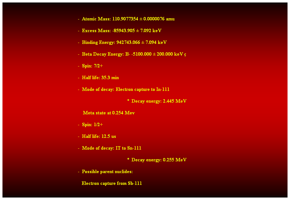 Cuadro de texto:  
-  Atomic Mass: 110.9077354  0.0000076 amu 
-  Excess Mass: -85943.905  7.092 keV 
-  Binding Energy: 942743.066  7.094 keV 
-  Beta Decay Energy: B- -5100.000  200.000 keV 
-  Spin: 7/2+ 
-  Half life: 35.3 min 
-  Mode of decay: Electron capture to In-111 
  Decay energy: 2.445 MeV 
    Meta state at 0.254 Mev 
-  Spin: 1/2+ 
-  Half life: 12.5 us 
-  Mode of decay: IT to Sn-111 
  Decay energy: 0.255 MeV 
-  Possible parent nuclides: 
   Electron capture from Sb-111 
