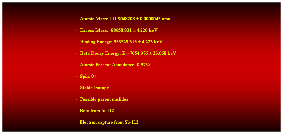 Cuadro de texto:  
-  Atomic Mass: 111.9048208  0.0000045 amu 
-  Excess Mass: -88658.831  4.220 keV 
-  Binding Energy: 953529.315  4.223 keV 
-  Beta Decay Energy: B- -7054.976  23.068 keV 
-  Atomic Percent Abundance: 0.97% 
-  Spin: 0+ 
-  Stable Isotope 
-  Possible parent nuclides: 
                                                               Beta from In-112 
                                                               Electron capture from Sb-112 
