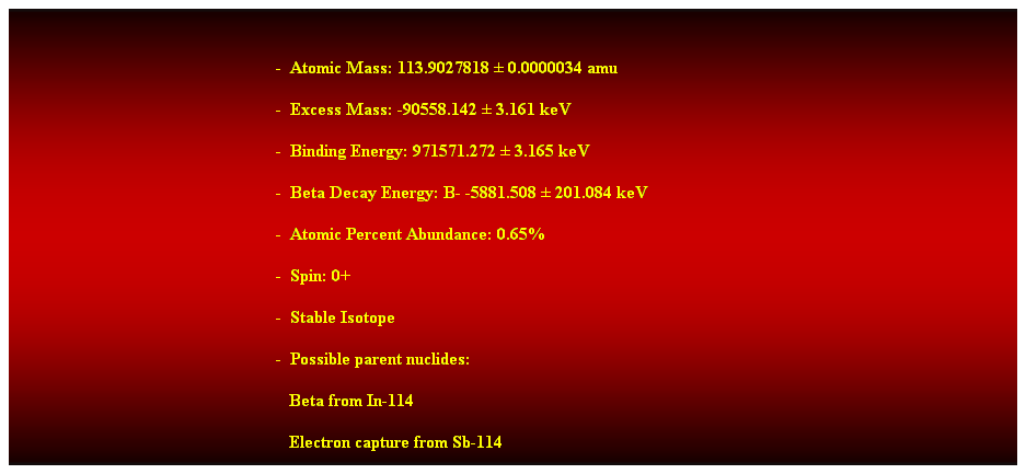 Cuadro de texto:  
-  Atomic Mass: 113.9027818  0.0000034 amu 
-  Excess Mass: -90558.142  3.161 keV 
-  Binding Energy: 971571.272  3.165 keV 
-  Beta Decay Energy: B- -5881.508  201.084 keV 
-  Atomic Percent Abundance: 0.65% 
-  Spin: 0+ 
-  Stable Isotope 
-  Possible parent nuclides: 
                                                               Beta from In-114 
                                                               Electron capture from Sb-114 
