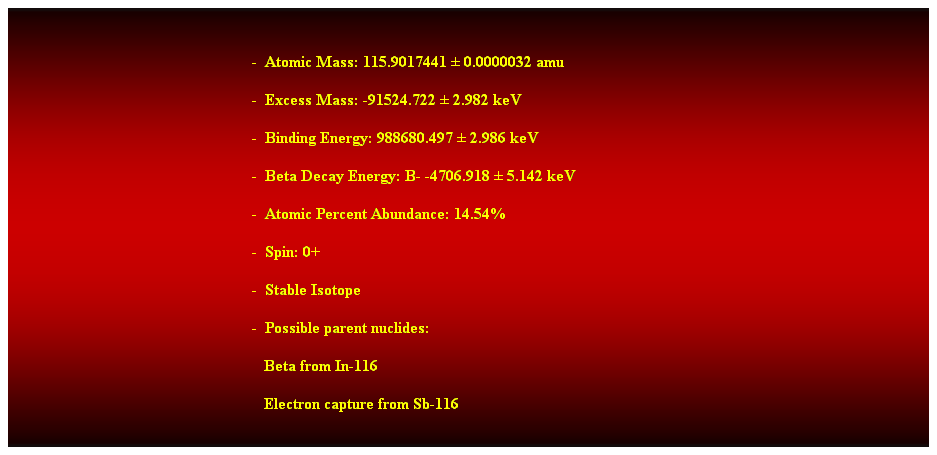 Cuadro de texto:  
-  Atomic Mass: 115.9017441  0.0000032 amu 
-  Excess Mass: -91524.722  2.982 keV 
-  Binding Energy: 988680.497  2.986 keV 
-  Beta Decay Energy: B- -4706.918  5.142 keV 
-  Atomic Percent Abundance: 14.54% 
-  Spin: 0+ 
-  Stable Isotope 
-  Possible parent nuclides: 
                                                               Beta from In-116 
                                                               Electron capture from Sb-116 
