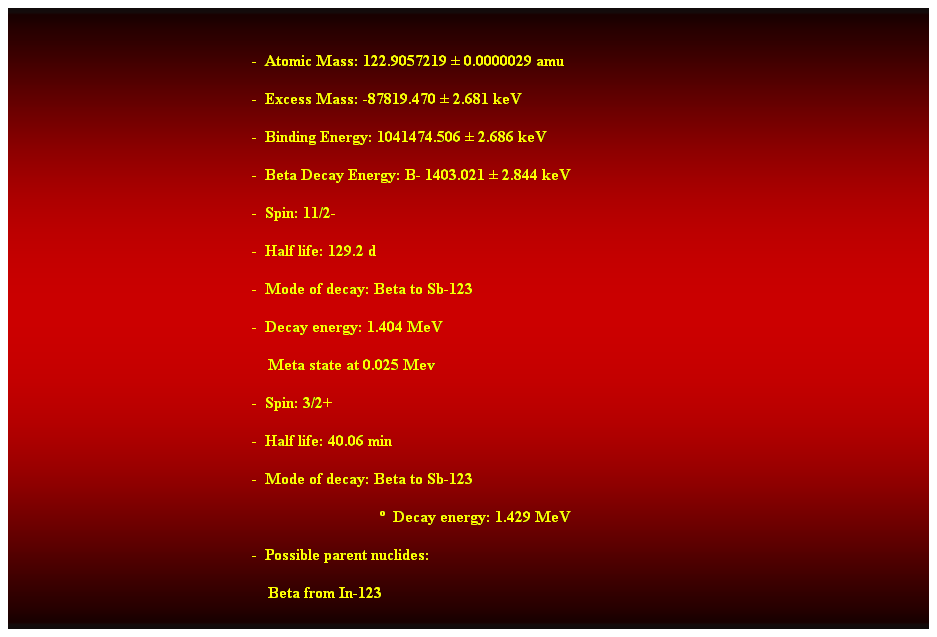 Cuadro de texto:  
-  Atomic Mass: 122.9057219  0.0000029 amu 
-  Excess Mass: -87819.470  2.681 keV 
-  Binding Energy: 1041474.506  2.686 keV 
-  Beta Decay Energy: B- 1403.021  2.844 keV 
-  Spin: 11/2- 
-  Half life: 129.2 d 
-  Mode of decay: Beta to Sb-123 
-  Decay energy: 1.404 MeV 
    Meta state at 0.025 Mev 
-  Spin: 3/2+ 
-  Half life: 40.06 min 
-  Mode of decay: Beta to Sb-123 
                                  Decay energy: 1.429 MeV 
-  Possible parent nuclides: 
    Beta from In-123 
