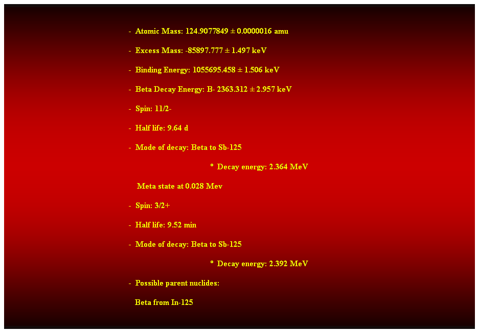 Cuadro de texto:  
-  Atomic Mass: 124.9077849  0.0000016 amu 
-  Excess Mass: -85897.777  1.497 keV 
-  Binding Energy: 1055695.458  1.506 keV 
-  Beta Decay Energy: B- 2363.312  2.957 keV 
-  Spin: 11/2- 
-  Half life: 9.64 d 
-  Mode of decay: Beta to Sb-125 
  Decay energy: 2.364 MeV 
    Meta state at 0.028 Mev 
-  Spin: 3/2+ 
-  Half life: 9.52 min 
-  Mode of decay: Beta to Sb-125 
  Decay energy: 2.392 MeV 
-  Possible parent nuclides: 
                                                               Beta from In-125 
