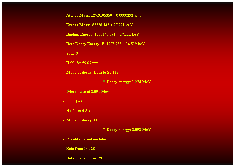 Cuadro de texto:  
-  Atomic Mass: 127.9105350  0.0000292 amu 
-  Excess Mass: -83336.142  27.221 keV 
-  Binding Energy: 1077347.791  27.221 keV 
-  Beta Decay Energy: B- 1273.933  14.519 keV 
-  Spin: 0+ 
-  Half life: 59.07 min 
-  Mode of decay: Beta to Sb-128 
  Decay energy: 1.274 MeV 
    Meta state at 2.091 Mev 
-  Spin: (7-) 
-  Half life: 6.5 s 
-  Mode of decay: IT 
  Decay energy: 2.092 MeV 
-  Possible parent nuclides: 
                                                               Beta from In-128 
                                                               Beta + N from In-129 
