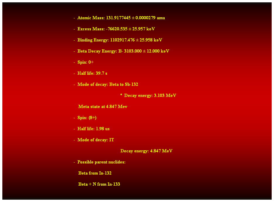 Cuadro de texto:  
-  Atomic Mass: 131.9177445  0.0000279 amu 
-  Excess Mass: -76620.535  25.957 keV 
-  Binding Energy: 1102917.476  25.958 keV 
-  Beta Decay Energy: B- 3103.000  12.000 keV 
-  Spin: 0+ 
-  Half life: 39.7 s 
-  Mode of decay: Beta to Sb-132 
  Decay energy: 3.103 MeV 
    Meta state at 4.847 Mev 
-  Spin: (8+) 
-  Half life: 1.98 us 
-  Mode of decay: IT 
Decay energy: 4.847 MeV 
-  Possible parent nuclides: 
    Beta from In-132 
    Beta + N from In-133 
