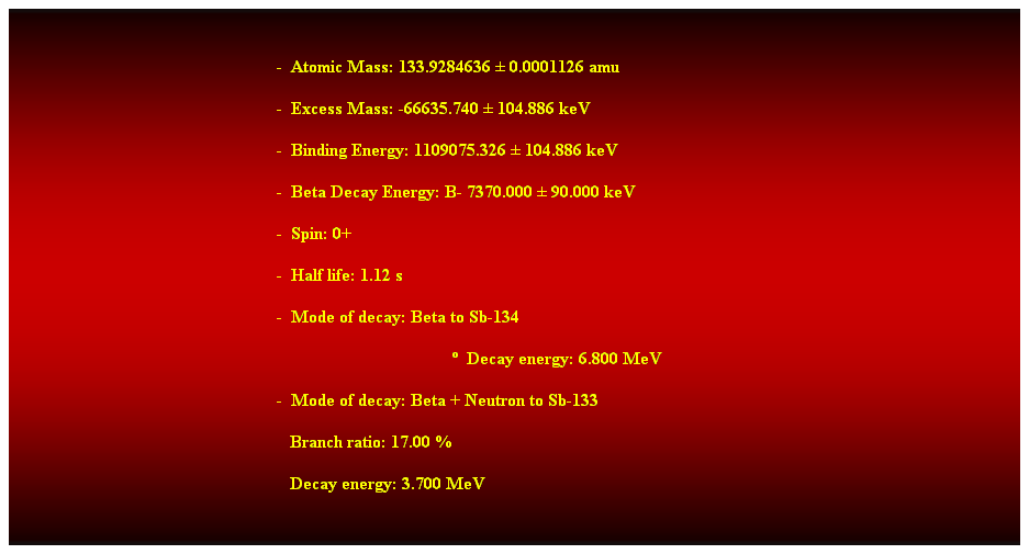 Cuadro de texto:  
-  Atomic Mass: 133.9284636  0.0001126 amu 
-  Excess Mass: -66635.740  104.886 keV 
-  Binding Energy: 1109075.326  104.886 keV 
-  Beta Decay Energy: B- 7370.000  90.000 keV 
-  Spin: 0+ 
-  Half life: 1.12 s 
-  Mode of decay: Beta to Sb-134 
  Decay energy: 6.800 MeV 
-  Mode of decay: Beta + Neutron to Sb-133 
                                                               Branch ratio: 17.00 % 
                                                               Decay energy: 3.700 MeV 
