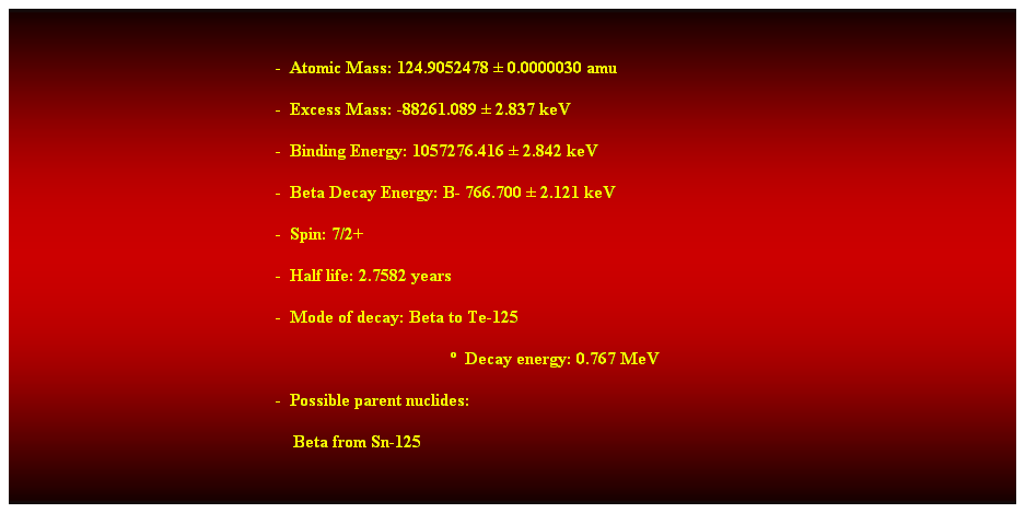 Cuadro de texto:  
-  Atomic Mass: 124.9052478  0.0000030 amu 
-  Excess Mass: -88261.089  2.837 keV 
-  Binding Energy: 1057276.416  2.842 keV 
-  Beta Decay Energy: B- 766.700  2.121 keV 
-  Spin: 7/2+ 
-  Half life: 2.7582 years 
-  Mode of decay: Beta to Te-125 
  Decay energy: 0.767 MeV 
-  Possible parent nuclides: 
    Beta from Sn-125 
