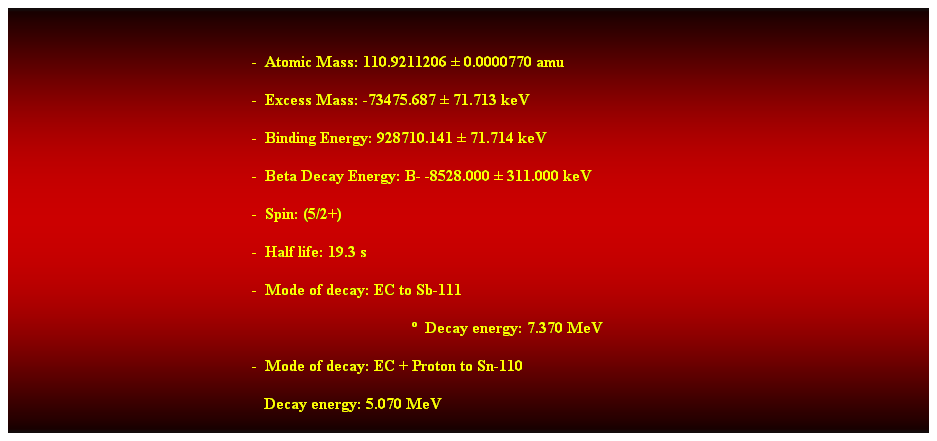 Cuadro de texto:  
-  Atomic Mass: 110.9211206  0.0000770 amu 
-  Excess Mass: -73475.687  71.713 keV 
-  Binding Energy: 928710.141  71.714 keV 
-  Beta Decay Energy: B- -8528.000  311.000 keV 
-  Spin: (5/2+) 
-  Half life: 19.3 s 
-  Mode of decay: EC to Sb-111 
  Decay energy: 7.370 MeV 
-  Mode of decay: EC + Proton to Sn-110 
                                                               Decay energy: 5.070 MeV 
