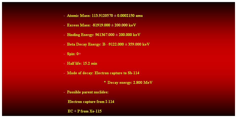 Cuadro de texto:  
-  Atomic Mass: 113.9120570  0.0002150 amu 
-  Excess Mass: -81919.000  200.000 keV 
-  Binding Energy: 961367.000  200.000 keV 
-  Beta Decay Energy: B- -9122.000  359.000 keV 
-  Spin: 0+ 
-  Half life: 15.2 min 
-  Mode of decay: Electron capture to Sb-114 
  Decay energy: 2.800 MeV 
-  Possible parent nuclides: 
                                                                Electron capture from I-114 
                                                                EC + P from Xe-115 
