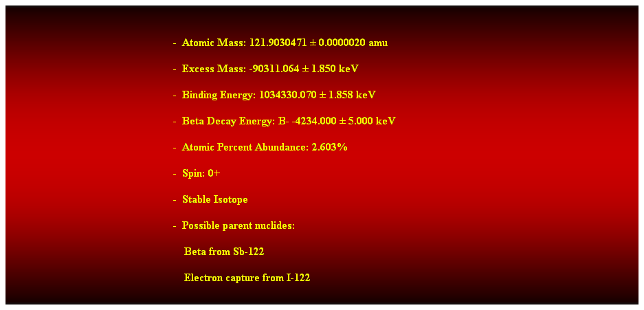 Cuadro de texto:  
-  Atomic Mass: 121.9030471  0.0000020 amu 
-  Excess Mass: -90311.064  1.850 keV 
-  Binding Energy: 1034330.070  1.858 keV 
-  Beta Decay Energy: B- -4234.000  5.000 keV 
-  Atomic Percent Abundance: 2.603% 
-  Spin: 0+ 
-  Stable Isotope 
-  Possible parent nuclides: 
                                                                Beta from Sb-122 
                                                                Electron capture from I-122 
 
