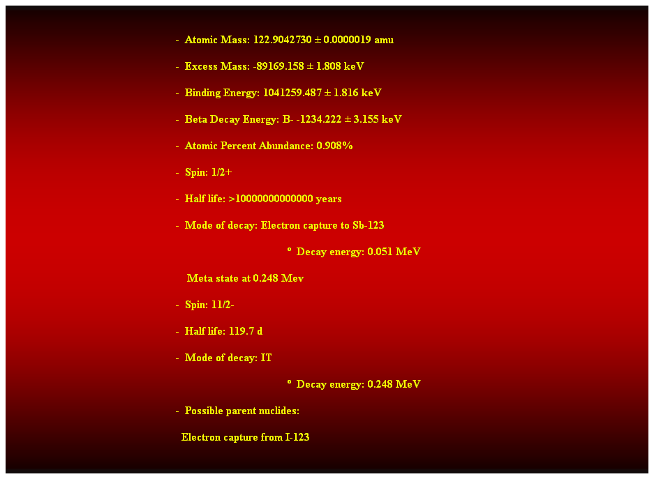 Cuadro de texto:  
-  Atomic Mass: 122.9042730  0.0000019 amu 
-  Excess Mass: -89169.158  1.808 keV 
-  Binding Energy: 1041259.487  1.816 keV 
-  Beta Decay Energy: B- -1234.222  3.155 keV 
-  Atomic Percent Abundance: 0.908% 
-  Spin: 1/2+ 
-  Half life: >10000000000000 years 
-  Mode of decay: Electron capture to Sb-123 
  Decay energy: 0.051 MeV 
    Meta state at 0.248 Mev 
-  Spin: 11/2- 
-  Half life: 119.7 d 
-  Mode of decay: IT 
  Decay energy: 0.248 MeV 
-  Possible parent nuclides: 
                                                              Electron capture from I-123 
