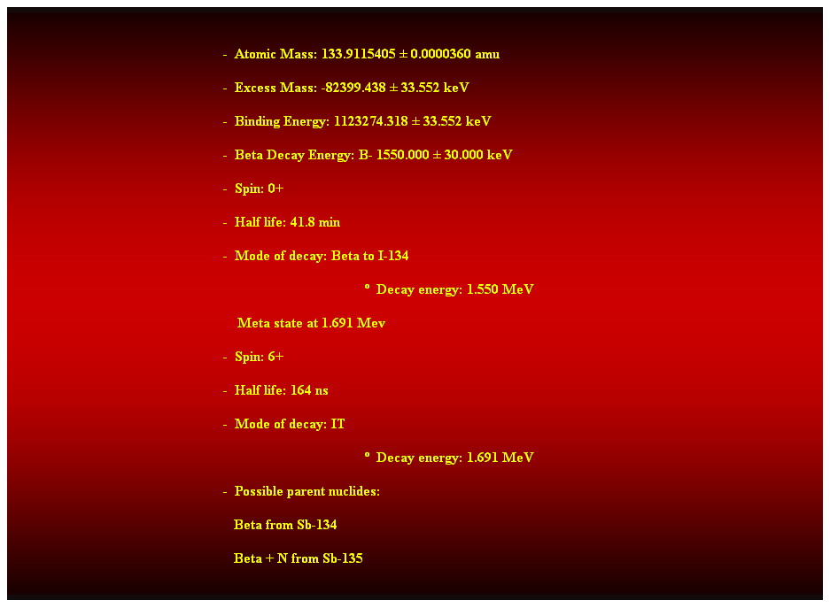 Cuadro de texto:  
-  Atomic Mass: 133.9115405  0.0000360 amu 
-  Excess Mass: -82399.438  33.552 keV 
-  Binding Energy: 1123274.318  33.552 keV 
-  Beta Decay Energy: B- 1550.000  30.000 keV 
-  Spin: 0+ 
-  Half life: 41.8 min 
-  Mode of decay: Beta to I-134 
  Decay energy: 1.550 MeV 
    Meta state at 1.691 Mev 
-  Spin: 6+ 
-  Half life: 164 ns 
-  Mode of decay: IT 
  Decay energy: 1.691 MeV 
-  Possible parent nuclides: 
                                                               Beta from Sb-134 
                                                               Beta + N from Sb-135 
