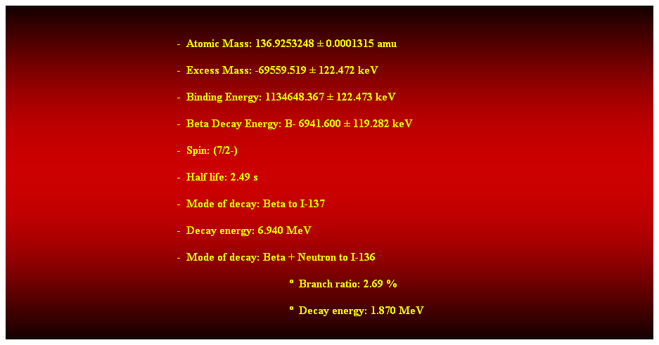 Cuadro de texto:  
-  Atomic Mass: 136.9253248  0.0001315 amu 
-  Excess Mass: -69559.519  122.472 keV 
-  Binding Energy: 1134648.367  122.473 keV 
-  Beta Decay Energy: B- 6941.600  119.282 keV 
-  Spin: (7/2-) 
-  Half life: 2.49 s 
-  Mode of decay: Beta to I-137 
-  Decay energy: 6.940 MeV 
-  Mode of decay: Beta + Neutron to I-136 
  Branch ratio: 2.69 % 
  Decay energy: 1.870 MeV 
