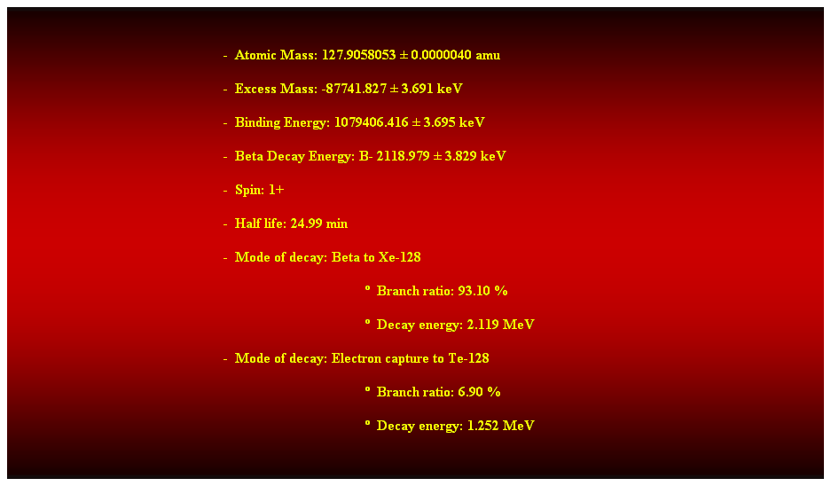 Cuadro de texto:  
-  Atomic Mass: 127.9058053  0.0000040 amu 
-  Excess Mass: -87741.827  3.691 keV 
-  Binding Energy: 1079406.416  3.695 keV 
-  Beta Decay Energy: B- 2118.979  3.829 keV 
-  Spin: 1+ 
-  Half life: 24.99 min 
-  Mode of decay: Beta to Xe-128 
  Branch ratio: 93.10 % 
  Decay energy: 2.119 MeV 
-  Mode of decay: Electron capture to Te-128 
  Branch ratio: 6.90 % 
  Decay energy: 1.252 MeV 
