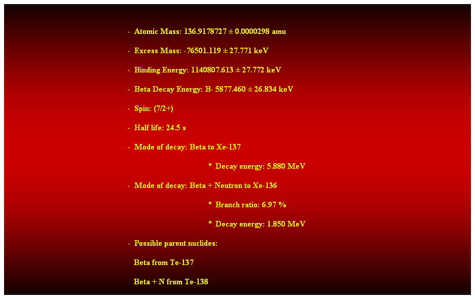 Cuadro de texto:  
-  Atomic Mass: 136.9178727  0.0000298 amu 
-  Excess Mass: -76501.119  27.771 keV 
-  Binding Energy: 1140807.613  27.772 keV 
-  Beta Decay Energy: B- 5877.460  26.834 keV 
-  Spin: (7/2+) 
-  Half life: 24.5 s 
-  Mode of decay: Beta to Xe-137 
  Decay energy: 5.880 MeV 
-  Mode of decay: Beta + Neutron to Xe-136 
  Branch ratio: 6.97 % 
  Decay energy: 1.850 MeV 
-  Possible parent nuclides: 
                                                               Beta from Te-137 
                                                               Beta + N from Te-138 
