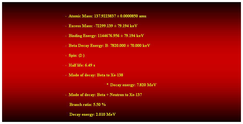 Cuadro de texto:  
-  Atomic Mass: 137.9223837  0.0000850 amu 
-  Excess Mass: -72299.139  79.194 keV 
-  Binding Energy: 1144676.956  79.194 keV 
-  Beta Decay Energy: B- 7820.000  70.000 keV 
-  Spin: (2-) 
-  Half life: 6.49 s 
-  Mode of decay: Beta to Xe-138 
  Decay energy: 7.820 MeV 
-  Mode of decay: Beta + Neutron to Xe-137 
                                                                Branch ratio: 5.50 % 
                                                                Decay energy: 2.010 MeV 
