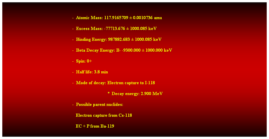 Cuadro de texto:  
-  Atomic Mass: 117.9165709  0.0010736 amu 
-  Excess Mass: -77713.676  1000.085 keV 
-  Binding Energy: 987882.683  1000.085 keV 
-  Beta Decay Energy: B- -9300.000  1000.000 keV 
-  Spin: 0+ 
-  Half life: 3.8 min 
-  Mode of decay: Electron capture to I-118 
                                                                                             Decay energy: 2.900 MeV 
-  Possible parent nuclides: 
                                                               Electron capture from Cs-118 
                                                               EC + P from Ba-119 
