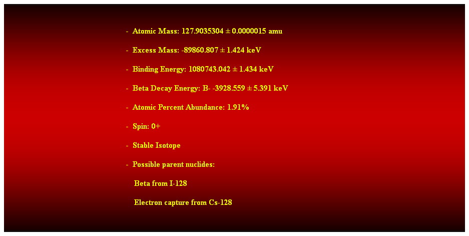 Cuadro de texto:  
-  Atomic Mass: 127.9035304  0.0000015 amu 
-  Excess Mass: -89860.807  1.424 keV 
-  Binding Energy: 1080743.042  1.434 keV 
-  Beta Decay Energy: B- -3928.559  5.391 keV 
-  Atomic Percent Abundance: 1.91% 
-  Spin: 0+ 
-  Stable Isotope 
-  Possible parent nuclides: 
    Beta from I-128 
    Electron capture from Cs-128
