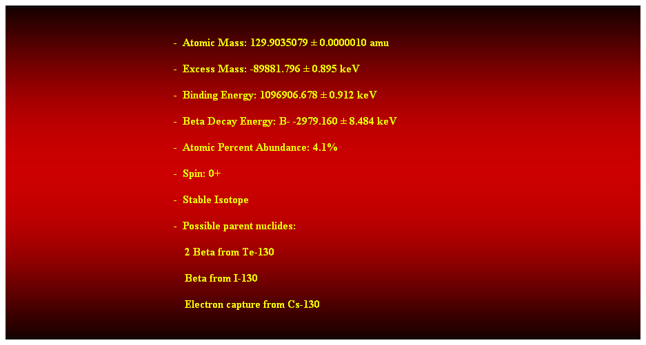 Cuadro de texto:  
-  Atomic Mass: 129.9035079  0.0000010 amu 
-  Excess Mass: -89881.796  0.895 keV 
-  Binding Energy: 1096906.678  0.912 keV 
-  Beta Decay Energy: B- -2979.160  8.484 keV 
-  Atomic Percent Abundance: 4.1% 
-  Spin: 0+ 
-  Stable Isotope 
-  Possible parent nuclides: 
    2 Beta from Te-130 
    Beta from I-130 
    Electron capture from Cs-130 
