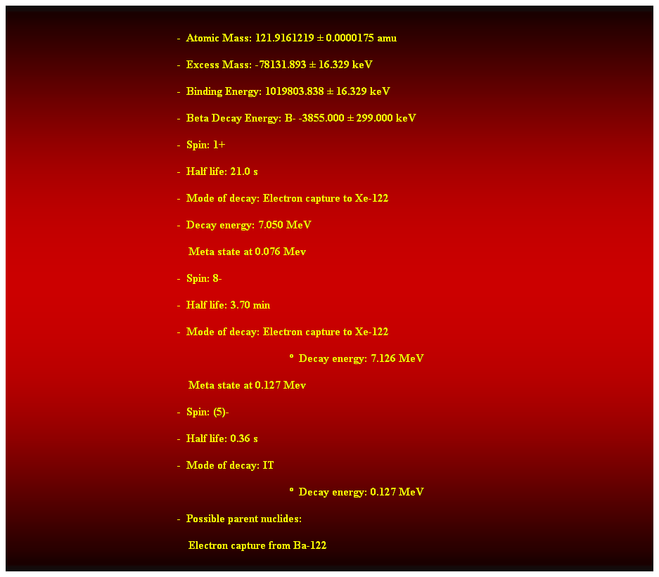 Cuadro de texto:  
-  Atomic Mass: 121.9161219  0.0000175 amu 
-  Excess Mass: -78131.893  16.329 keV 
-  Binding Energy: 1019803.838  16.329 keV 
-  Beta Decay Energy: B- -3855.000  299.000 keV 
-  Spin: 1+ 
-  Half life: 21.0 s 
-  Mode of decay: Electron capture to Xe-122 
-  Decay energy: 7.050 MeV 
    Meta state at 0.076 Mev 
-  Spin: 8- 
-  Half life: 3.70 min 
-  Mode of decay: Electron capture to Xe-122 
  Decay energy: 7.126 MeV 
    Meta state at 0.127 Mev 
-  Spin: (5)- 
-  Half life: 0.36 s 
-  Mode of decay: IT 
  Decay energy: 0.127 MeV 
-  Possible parent nuclides: 
    Electron capture from Ba-122 
