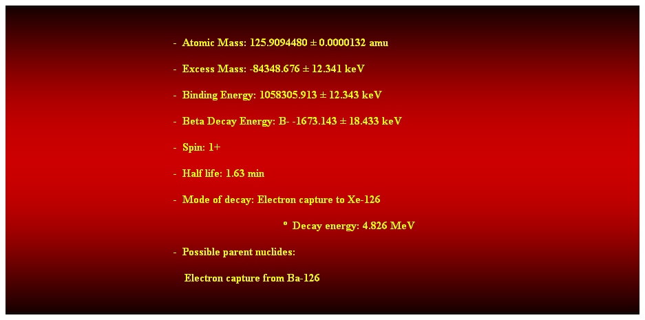 Cuadro de texto:  
-  Atomic Mass: 125.9094480  0.0000132 amu 
-  Excess Mass: -84348.676  12.341 keV 
-  Binding Energy: 1058305.913  12.343 keV 
-  Beta Decay Energy: B- -1673.143  18.433 keV 
-  Spin: 1+ 
-  Half life: 1.63 min 
-  Mode of decay: Electron capture to Xe-126 
  Decay energy: 4.826 MeV 
-  Possible parent nuclides: 
    Electron capture from Ba-126 
