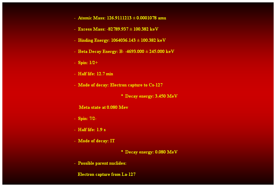 Cuadro de texto:  
-  Atomic Mass: 126.9111213  0.0001078 amu 
-  Excess Mass: -82789.937  100.382 keV 
-  Binding Energy: 1064036.143  100.382 keV 
-  Beta Decay Energy: B- -4693.000  245.000 keV 
-  Spin: 1/2+ 
-  Half life: 12.7 min 
-  Mode of decay: Electron capture to Cs-127 
  Decay energy: 3.450 MeV 
    Meta state at 0.080 Mev 
-  Spin: 7/2- 
-  Half life: 1.9 s 
-  Mode of decay: IT 
  Decay energy: 0.080 MeV 
-  Possible parent nuclides: 
   Electron capture from La-127 
