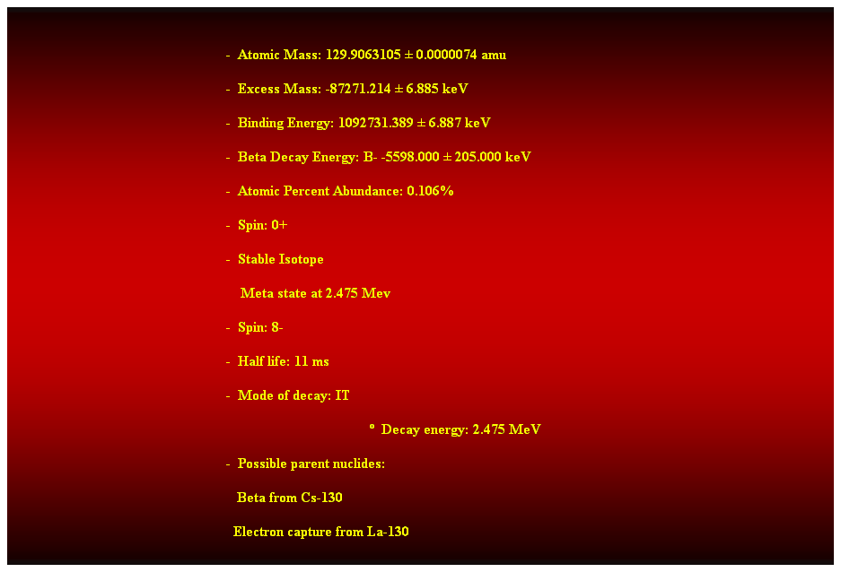 Cuadro de texto:  
-  Atomic Mass: 129.9063105  0.0000074 amu 
-  Excess Mass: -87271.214  6.885 keV 
-  Binding Energy: 1092731.389  6.887 keV 
-  Beta Decay Energy: B- -5598.000  205.000 keV 
-  Atomic Percent Abundance: 0.106% 
-  Spin: 0+ 
-  Stable Isotope 
    Meta state at 2.475 Mev 
-  Spin: 8- 
-  Half life: 11 ms 
-  Mode of decay: IT 
  Decay energy: 2.475 MeV 
-  Possible parent nuclides: 
                                                               Beta from Cs-130 
                                                              Electron capture from La-130 
