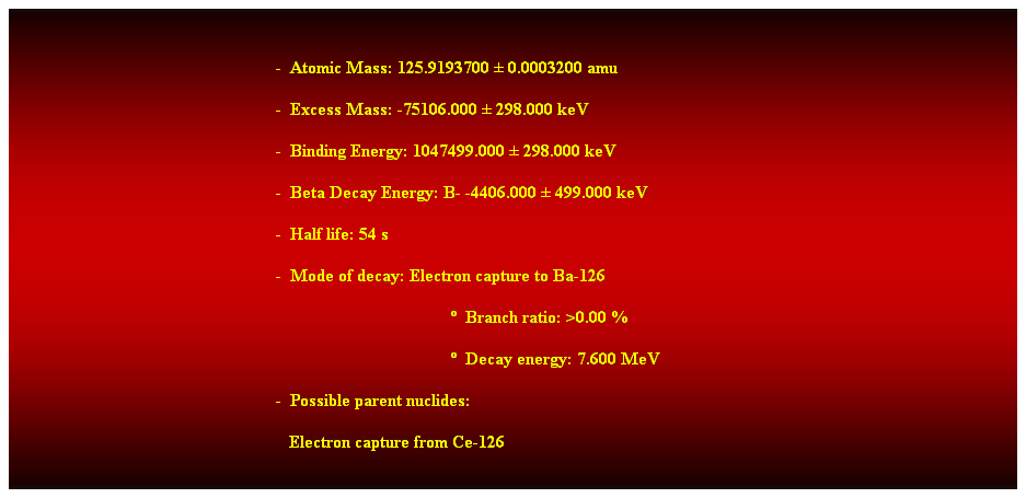 Cuadro de texto:  
-  Atomic Mass: 125.9193700  0.0003200 amu 
-  Excess Mass: -75106.000  298.000 keV 
-  Binding Energy: 1047499.000  298.000 keV 
-  Beta Decay Energy: B- -4406.000  499.000 keV 
-  Half life: 54 s 
-  Mode of decay: Electron capture to Ba-126 
  Branch ratio: >0.00 % 
  Decay energy: 7.600 MeV 
-  Possible parent nuclides: 
   Electron capture from Ce-126
