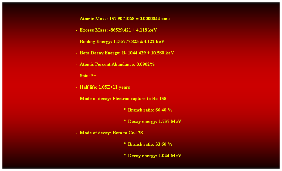 Cuadro de texto:  
-  Atomic Mass: 137.9071068  0.0000044 amu 
-  Excess Mass: -86529.421  4.118 keV 
-  Binding Energy: 1155777.825  4.122 keV 
-  Beta Decay Energy: B- 1044.439  10.580 keV 
-  Atomic Percent Abundance: 0.0902% 
-  Spin: 5+ 
-  Half life: 1.05E+11 years 
-  Mode of decay: Electron capture to Ba-138 
  Branch ratio: 66.40 % 
  Decay energy: 1.737 MeV 
-  Mode of decay: Beta to Ce-138 
  Branch ratio: 33.60 % 
  Decay energy: 1.044 MeV 
