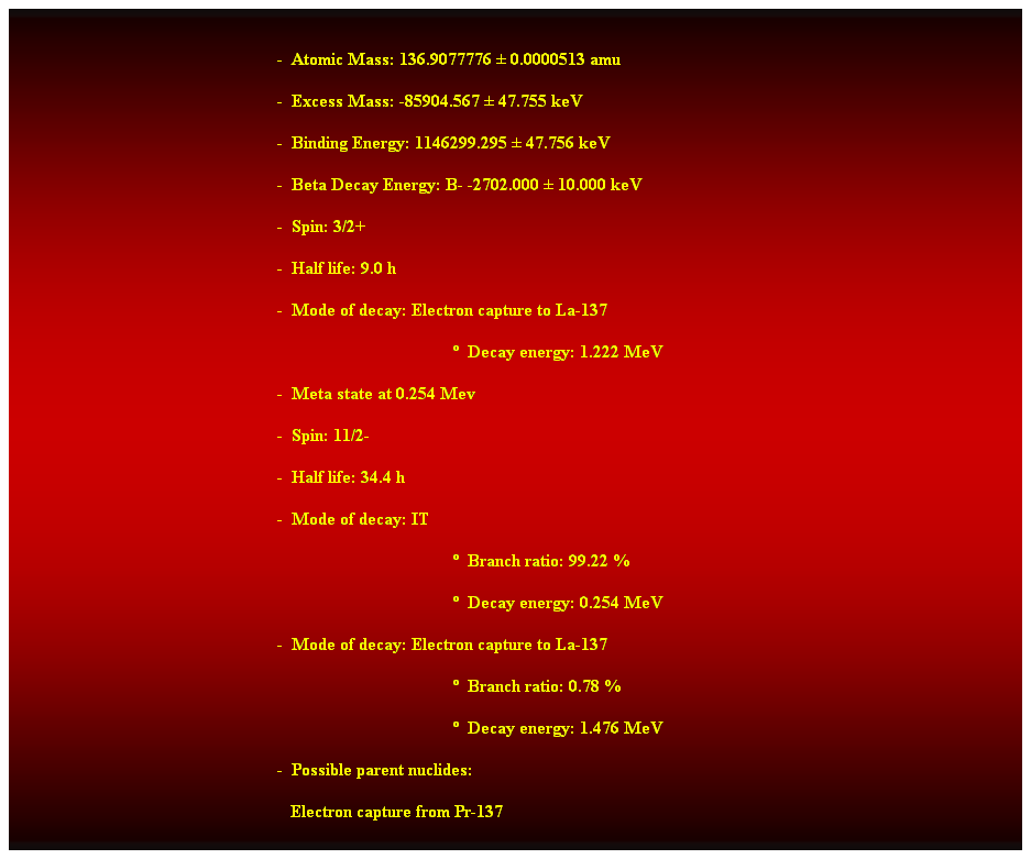 Cuadro de texto:  
-  Atomic Mass: 136.9077776  0.0000513 amu 
-  Excess Mass: -85904.567  47.755 keV 
-  Binding Energy: 1146299.295  47.756 keV 
-  Beta Decay Energy: B- -2702.000  10.000 keV 
-  Spin: 3/2+ 
-  Half life: 9.0 h 
-  Mode of decay: Electron capture to La-137 
  Decay energy: 1.222 MeV 
-  Meta state at 0.254 Mev 
-  Spin: 11/2- 
-  Half life: 34.4 h 
-  Mode of decay: IT 
  Branch ratio: 99.22 % 
  Decay energy: 0.254 MeV 
-  Mode of decay: Electron capture to La-137 
  Branch ratio: 0.78 % 
  Decay energy: 1.476 MeV 
-  Possible parent nuclides: 
   Electron capture from Pr-137
