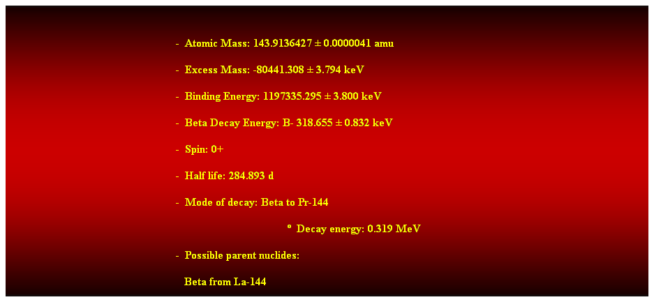 Cuadro de texto:  
-  Atomic Mass: 143.9136427  0.0000041 amu 
-  Excess Mass: -80441.308  3.794 keV 
-  Binding Energy: 1197335.295  3.800 keV 
-  Beta Decay Energy: B- 318.655  0.832 keV 
-  Spin: 0+ 
-  Half life: 284.893 d 
-  Mode of decay: Beta to Pr-144 
  Decay energy: 0.319 MeV 
-  Possible parent nuclides: 
   Beta from La-144 
