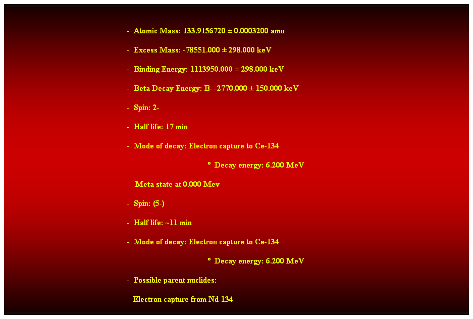 Cuadro de texto:  
-  Atomic Mass: 133.9156720  0.0003200 amu 
-  Excess Mass: -78551.000  298.000 keV 
-  Binding Energy: 1113950.000  298.000 keV 
-  Beta Decay Energy: B- -2770.000  150.000 keV 
-  Spin: 2- 
-  Half life: 17 min 
-  Mode of decay: Electron capture to Ce-134 
  Decay energy: 6.200 MeV 
    Meta state at 0.000 Mev 
-  Spin: (5-) 
-  Half life: ~11 min 
-  Mode of decay: Electron capture to Ce-134 
  Decay energy: 6.200 MeV 
-  Possible parent nuclides: 
   Electron capture from Nd-134 
