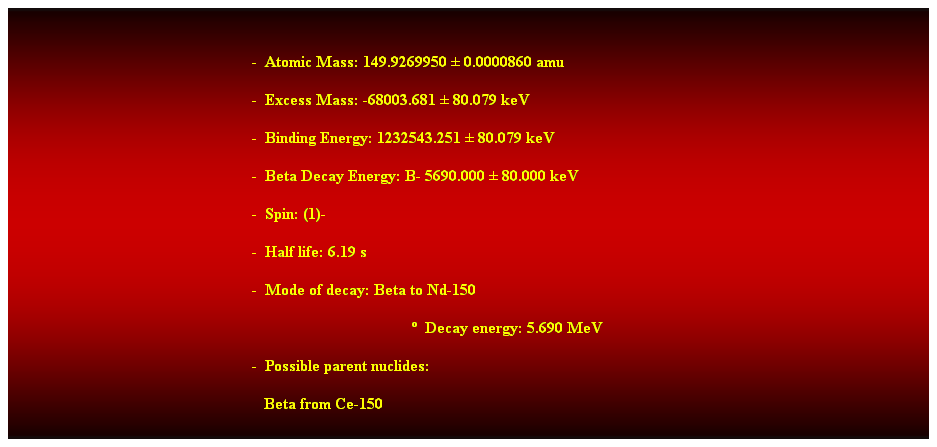 Cuadro de texto:  
-  Atomic Mass: 149.9269950  0.0000860 amu 
-  Excess Mass: -68003.681  80.079 keV 
-  Binding Energy: 1232543.251  80.079 keV 
-  Beta Decay Energy: B- 5690.000  80.000 keV 
-  Spin: (1)- 
-  Half life: 6.19 s 
-  Mode of decay: Beta to Nd-150 
  Decay energy: 5.690 MeV 
-  Possible parent nuclides: 
   Beta from Ce-150 
 
