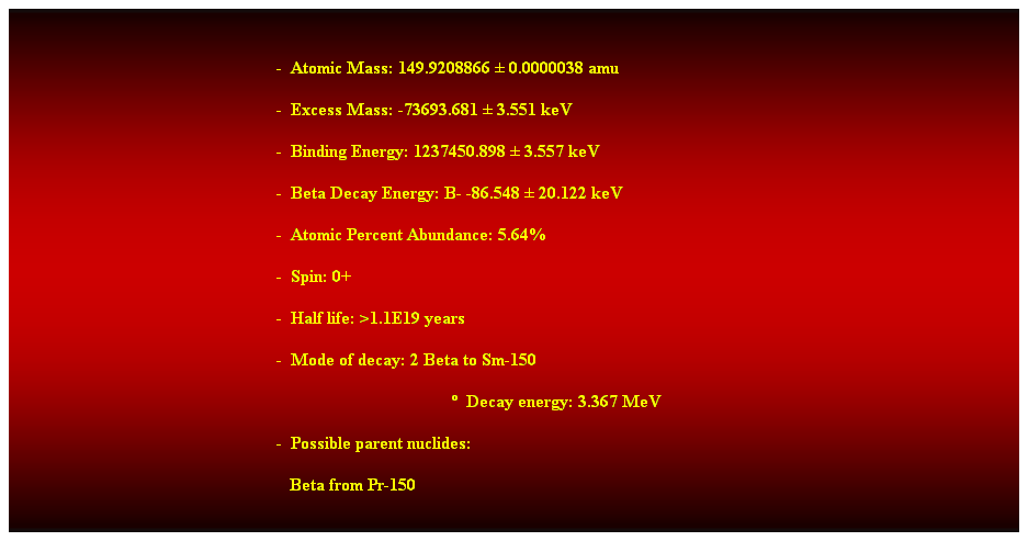 Cuadro de texto:  
-  Atomic Mass: 149.9208866  0.0000038 amu 
-  Excess Mass: -73693.681  3.551 keV 
-  Binding Energy: 1237450.898  3.557 keV 
-  Beta Decay Energy: B- -86.548  20.122 keV 
-  Atomic Percent Abundance: 5.64% 
-  Spin: 0+ 
-  Half life: >1.1E19 years 
-  Mode of decay: 2 Beta to Sm-150 
  Decay energy: 3.367 MeV 
-  Possible parent nuclides: 
   Beta from Pr-150 
