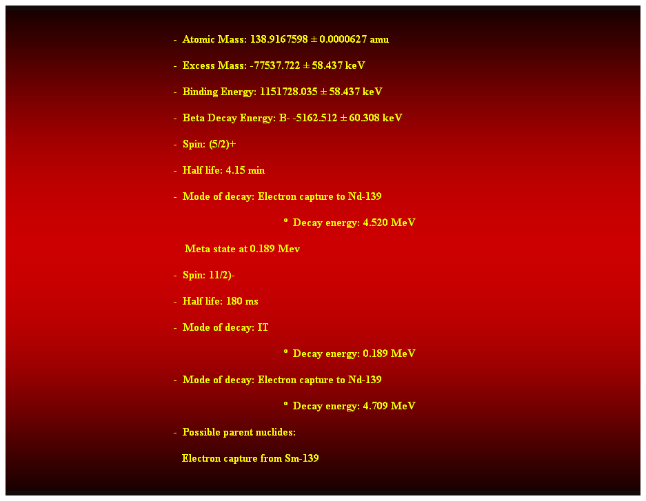 Cuadro de texto:  
-  Atomic Mass: 138.9167598  0.0000627 amu 
-  Excess Mass: -77537.722  58.437 keV 
-  Binding Energy: 1151728.035  58.437 keV 
-  Beta Decay Energy: B- -5162.512  60.308 keV 
-  Spin: (5/2)+ 
-  Half life: 4.15 min 
-  Mode of decay: Electron capture to Nd-139 
  Decay energy: 4.520 MeV 
    Meta state at 0.189 Mev 
-  Spin: 11/2)- 
-  Half life: 180 ms 
-  Mode of decay: IT 
  Decay energy: 0.189 MeV 
-  Mode of decay: Electron capture to Nd-139 
  Decay energy: 4.709 MeV 
-  Possible parent nuclides: 
   Electron capture from Sm-139 
