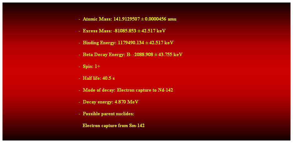 Cuadro de texto:  
-  Atomic Mass: 141.9129507  0.0000456 amu 
-  Excess Mass: -81085.853  42.517 keV 
-  Binding Energy: 1179490.134  42.517 keV 
-  Beta Decay Energy: B- -2088.908  43.755 keV 
-  Spin: 1+ 
-  Half life: 40.5 s 
-  Mode of decay: Electron capture to Nd-142 
-  Decay energy: 4.870 MeV 
-  Possible parent nuclides: 
   Electron capture from Sm-142 
