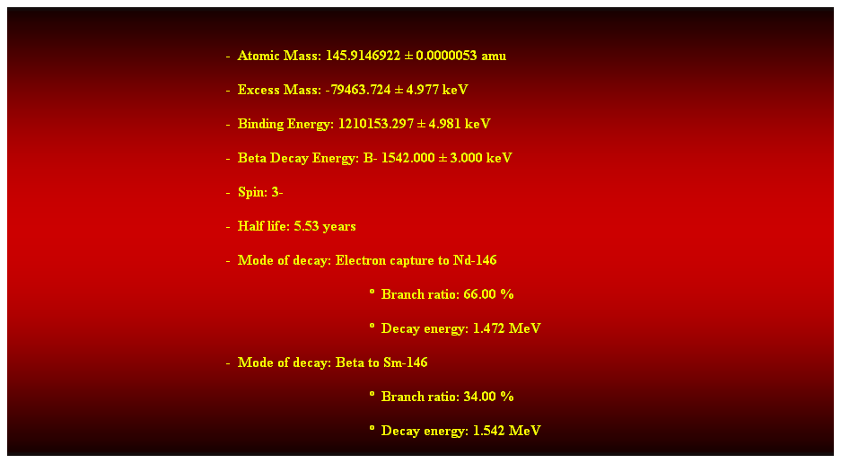 Cuadro de texto:  
-  Atomic Mass: 145.9146922  0.0000053 amu 
-  Excess Mass: -79463.724  4.977 keV 
-  Binding Energy: 1210153.297  4.981 keV 
-  Beta Decay Energy: B- 1542.000  3.000 keV 
-  Spin: 3- 
-  Half life: 5.53 years 
-  Mode of decay: Electron capture to Nd-146 
  Branch ratio: 66.00 % 
  Decay energy: 1.472 MeV 
-  Mode of decay: Beta to Sm-146 
  Branch ratio: 34.00 % 
  Decay energy: 1.542 MeV 
