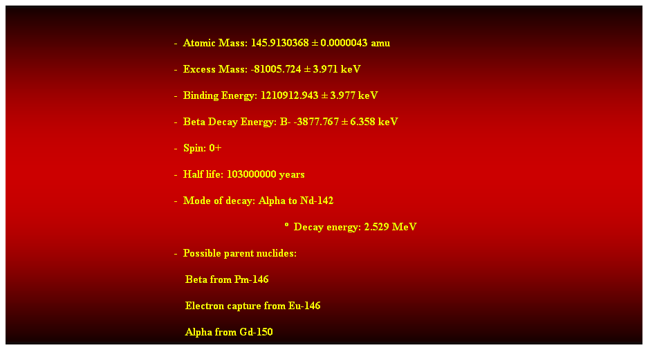 Cuadro de texto:  
-  Atomic Mass: 145.9130368  0.0000043 amu 
-  Excess Mass: -81005.724  3.971 keV 
-  Binding Energy: 1210912.943  3.977 keV 
-  Beta Decay Energy: B- -3877.767  6.358 keV 
-  Spin: 0+ 
-  Half life: 103000000 years 
-  Mode of decay: Alpha to Nd-142 
  Decay energy: 2.529 MeV 
-  Possible parent nuclides: 
    Beta from Pm-146 
    Electron capture from Eu-146 
    Alpha from Gd-150 
