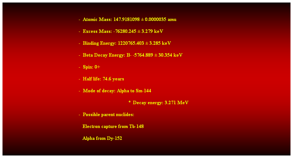 Cuadro de texto:  
-  Atomic Mass: 147.9181098  0.0000035 amu 
-  Excess Mass: -76280.245  3.279 keV 
-  Binding Energy: 1220765.403  3.285 keV 
-  Beta Decay Energy: B- -5764.889  30.354 keV 
-  Spin: 0+ 
-  Half life: 74.6 years 
-  Mode of decay: Alpha to Sm-144 
  Decay energy: 3.271 MeV 
-  Possible parent nuclides: 
                                                               Electron capture from Tb-148 
                                                               Alpha from Dy-152 
