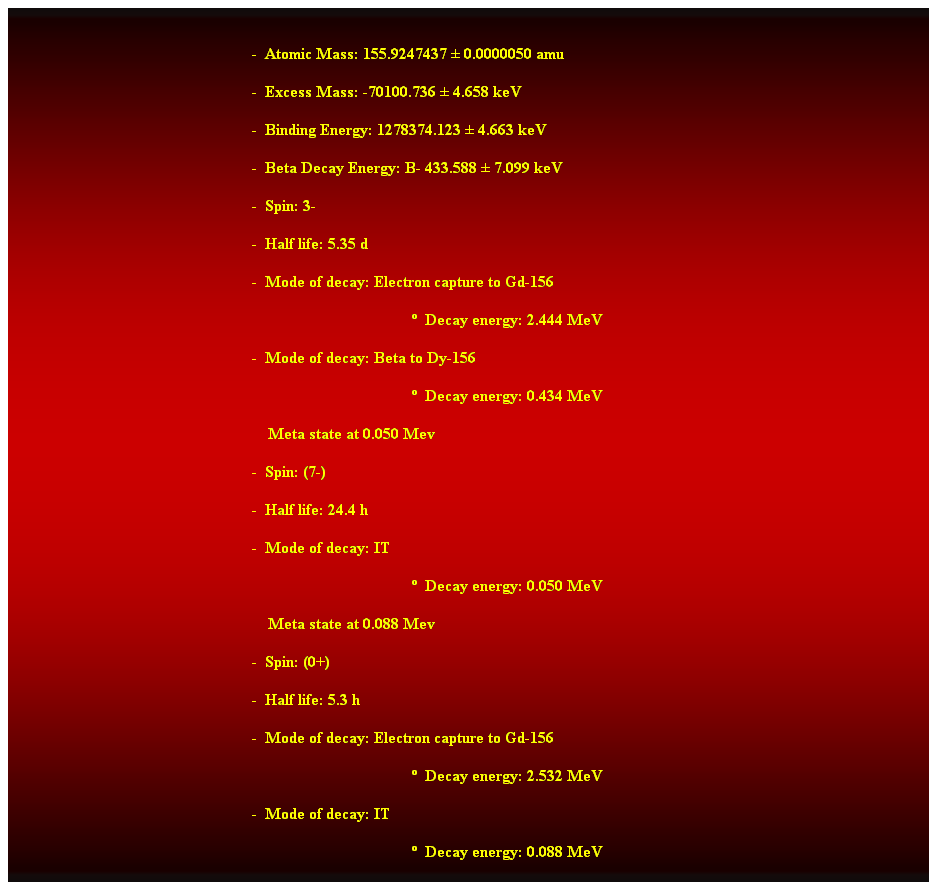 Cuadro de texto:  
-  Atomic Mass: 155.9247437  0.0000050 amu 
-  Excess Mass: -70100.736  4.658 keV 
-  Binding Energy: 1278374.123  4.663 keV 
-  Beta Decay Energy: B- 433.588  7.099 keV 
-  Spin: 3- 
-  Half life: 5.35 d 
-  Mode of decay: Electron capture to Gd-156 
  Decay energy: 2.444 MeV 
-  Mode of decay: Beta to Dy-156 
  Decay energy: 0.434 MeV 
    Meta state at 0.050 Mev 
-  Spin: (7-) 
-  Half life: 24.4 h 
-  Mode of decay: IT 
  Decay energy: 0.050 MeV 
    Meta state at 0.088 Mev 
-  Spin: (0+) 
-  Half life: 5.3 h 
-  Mode of decay: Electron capture to Gd-156 
  Decay energy: 2.532 MeV 
-  Mode of decay: IT 
  Decay energy: 0.088 MeV
