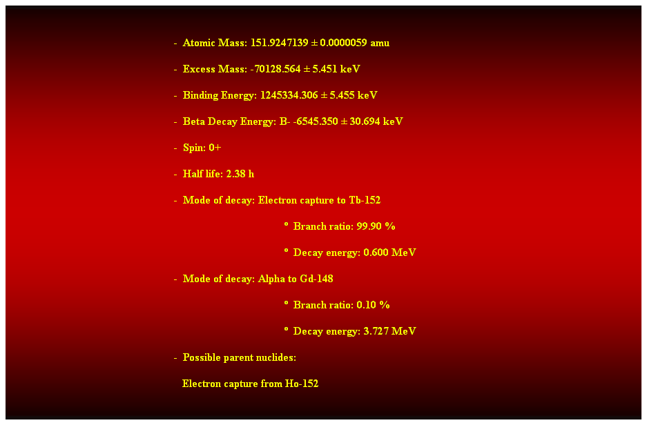 Cuadro de texto:  
-  Atomic Mass: 151.9247139  0.0000059 amu 
-  Excess Mass: -70128.564  5.451 keV 
-  Binding Energy: 1245334.306  5.455 keV 
-  Beta Decay Energy: B- -6545.350  30.694 keV 
-  Spin: 0+ 
-  Half life: 2.38 h 
-  Mode of decay: Electron capture to Tb-152 
  Branch ratio: 99.90 % 
  Decay energy: 0.600 MeV 
-  Mode of decay: Alpha to Gd-148 
  Branch ratio: 0.10 % 
  Decay energy: 3.727 MeV 
-  Possible parent nuclides: 
   Electron capture from Ho-152 
