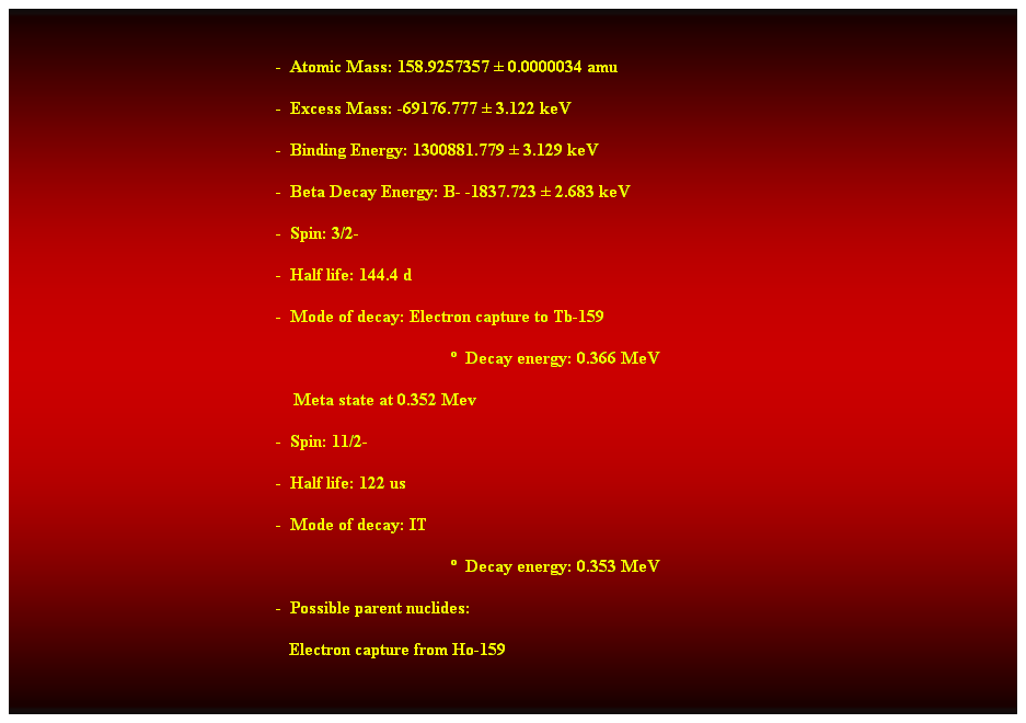 Cuadro de texto:  
-  Atomic Mass: 158.9257357  0.0000034 amu 
-  Excess Mass: -69176.777  3.122 keV 
-  Binding Energy: 1300881.779  3.129 keV 
-  Beta Decay Energy: B- -1837.723  2.683 keV 
-  Spin: 3/2- 
-  Half life: 144.4 d 
-  Mode of decay: Electron capture to Tb-159 
  Decay energy: 0.366 MeV 
    Meta state at 0.352 Mev 
-  Spin: 11/2- 
-  Half life: 122 us 
-  Mode of decay: IT 
  Decay energy: 0.353 MeV 
-  Possible parent nuclides: 
   Electron capture from Ho-159 
