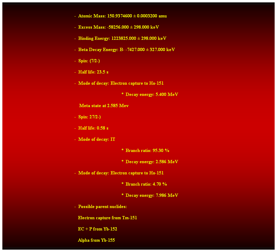 Cuadro de texto:  
-  Atomic Mass: 150.9374600  0.0003200 amu 
-  Excess Mass: -58256.000  298.000 keV 
-  Binding Energy: 1223825.000  298.000 keV 
-  Beta Decay Energy: B- -7427.000  327.000 keV 
-  Spin: (7/2-) 
-  Half life: 23.5 s 
-  Mode of decay: Electron capture to Ho-151 
  Decay energy: 5.400 MeV 
    Meta state at 2.585 Mev 
-  Spin: 27/2-) 
-  Half life: 0.58 s 
-  Mode of decay: IT 
  Branch ratio: 95.30 % 
  Decay energy: 2.586 MeV 
-  Mode of decay: Electron capture to Ho-151 
  Branch ratio: 4.70 % 
  Decay energy: 7.986 MeV 
-  Possible parent nuclides: 
                                                               Electron capture from Tm-151 
                                                               EC + P from Yb-152 
                                                               Alpha from Yb-155 
