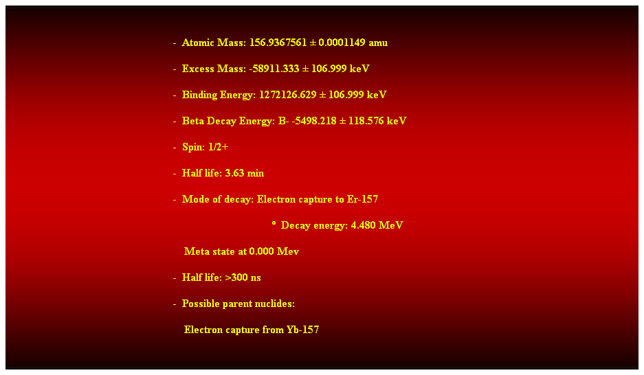 Cuadro de texto:  
-  Atomic Mass: 156.9367561  0.0001149 amu 
-  Excess Mass: -58911.333  106.999 keV 
-  Binding Energy: 1272126.629  106.999 keV 
-  Beta Decay Energy: B- -5498.218  118.576 keV 
-  Spin: 1/2+ 
-  Half life: 3.63 min 
-  Mode of decay: Electron capture to Er-157 
                                      Decay energy: 4.480 MeV 
    Meta state at 0.000 Mev 
-  Half life: >300 ns 
-  Possible parent nuclides: 
    Electron capture from Yb-157 
