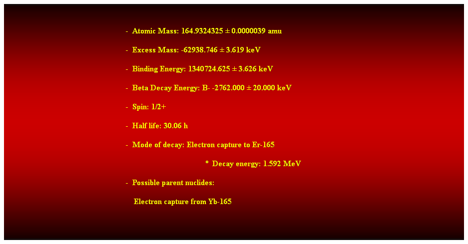 Cuadro de texto:  
-  Atomic Mass: 164.9324325  0.0000039 amu 
-  Excess Mass: -62938.746  3.619 keV 
-  Binding Energy: 1340724.625  3.626 keV 
-  Beta Decay Energy: B- -2762.000  20.000 keV 
-  Spin: 1/2+ 
-  Half life: 30.06 h 
-  Mode of decay: Electron capture to Er-165 
  Decay energy: 1.592 MeV 
-  Possible parent nuclides: 
    Electron capture from Yb-165 
