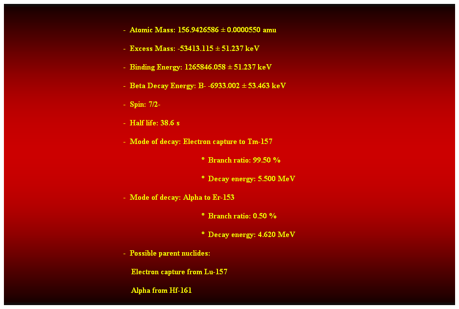 Cuadro de texto:  
-  Atomic Mass: 156.9426586  0.0000550 amu 
-  Excess Mass: -53413.115  51.237 keV 
-  Binding Energy: 1265846.058  51.237 keV 
-  Beta Decay Energy: B- -6933.002  53.463 keV 
-  Spin: 7/2- 
-  Half life: 38.6 s 
-  Mode of decay: Electron capture to Tm-157 
  Branch ratio: 99.50 % 
  Decay energy: 5.500 MeV 
-  Mode of decay: Alpha to Er-153 
  Branch ratio: 0.50 % 
  Decay energy: 4.620 MeV 
-  Possible parent nuclides: 
    Electron capture from Lu-157 
    Alpha from Hf-161 
