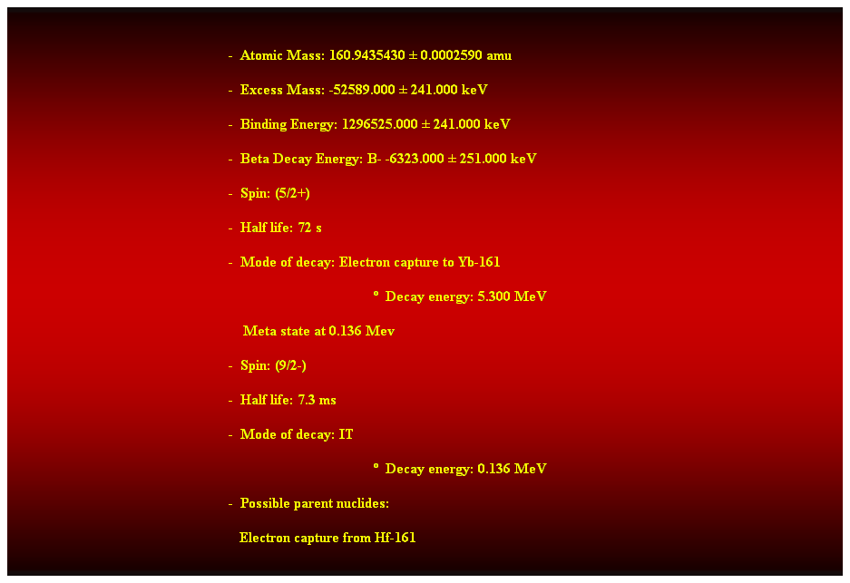 Cuadro de texto:  
-  Atomic Mass: 160.9435430  0.0002590 amu 
-  Excess Mass: -52589.000  241.000 keV 
-  Binding Energy: 1296525.000  241.000 keV 
-  Beta Decay Energy: B- -6323.000  251.000 keV 
-  Spin: (5/2+) 
-  Half life: 72 s 
-  Mode of decay: Electron capture to Yb-161 
  Decay energy: 5.300 MeV 
    Meta state at 0.136 Mev 
-  Spin: (9/2-) 
-  Half life: 7.3 ms 
-  Mode of decay: IT 
  Decay energy: 0.136 MeV 
-  Possible parent nuclides: 
   Electron capture from Hf-161 
